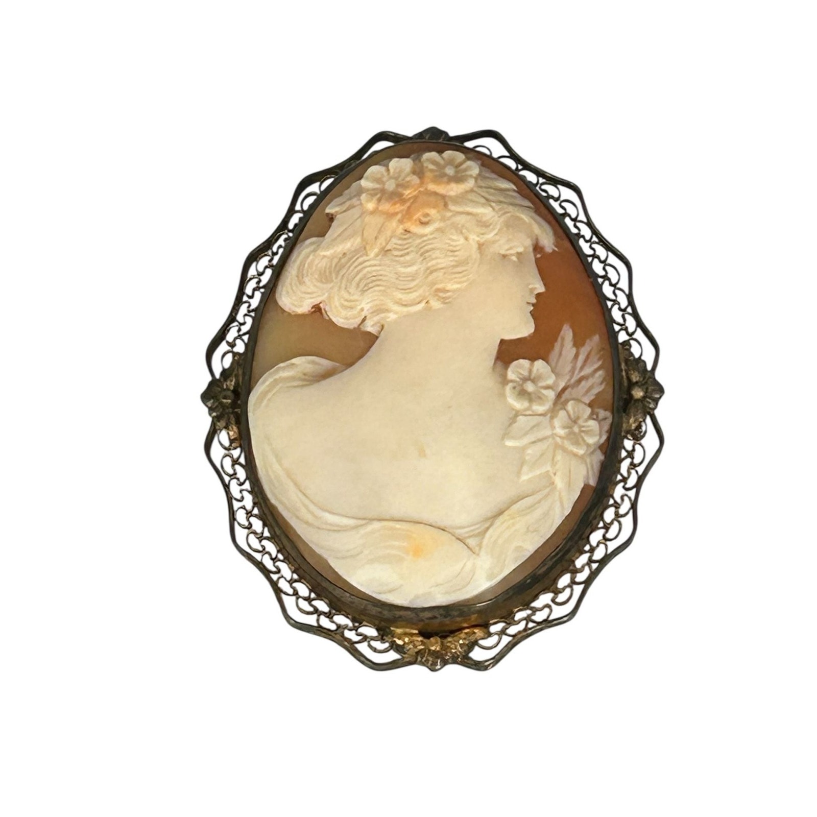 Vintage Cameo Brooch, Hand-Carved Shell In Sterling Silver